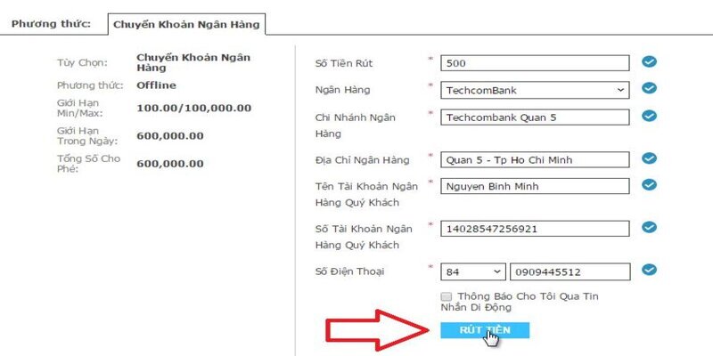 Bạn nhập đúng thông tin theo biểu mẫu yêu cầu từ nhà cái